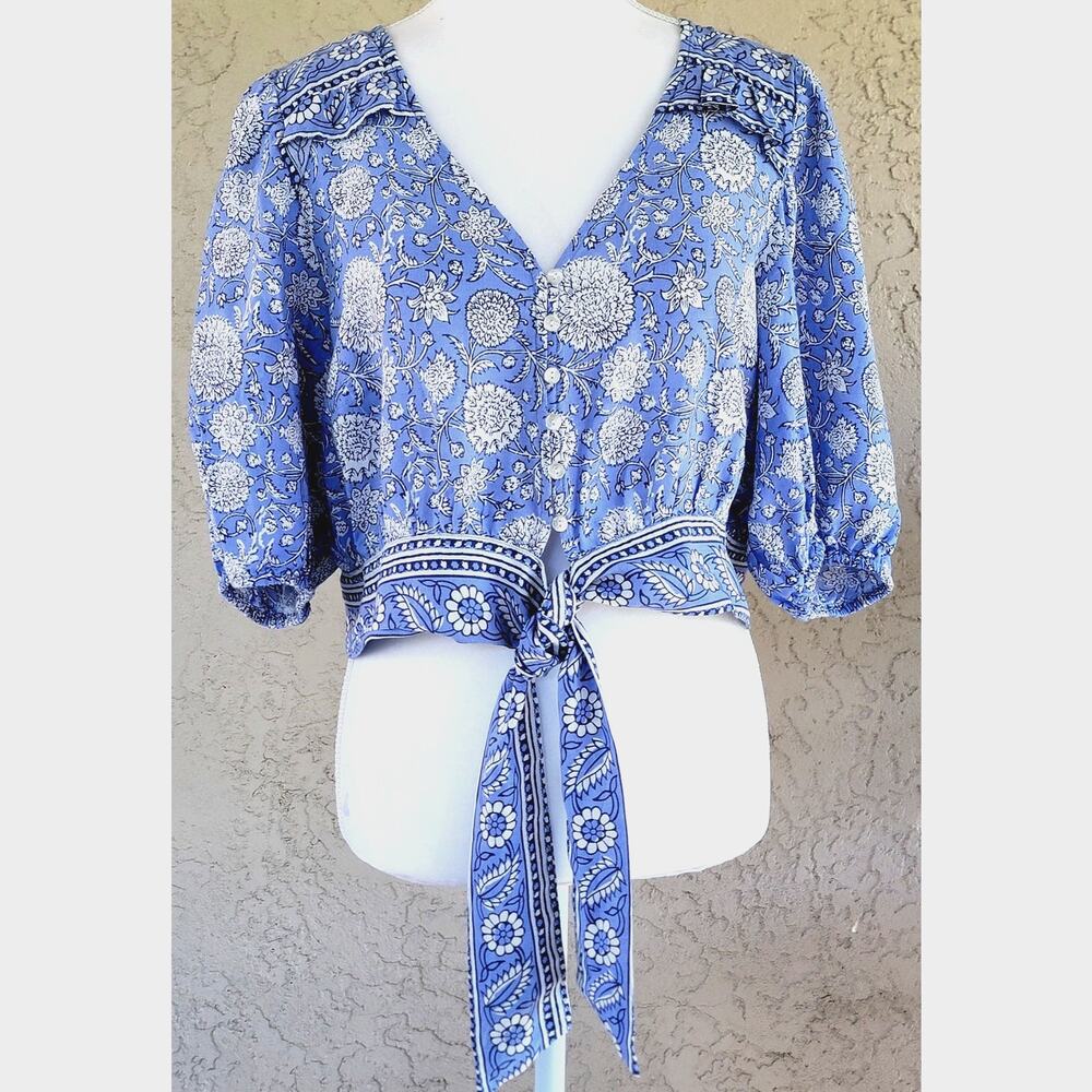 C&C California Blue Floral Tie Front Crop Top Linen Blend L